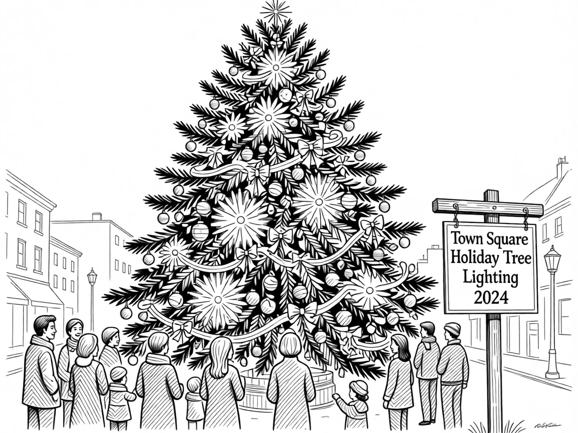 A beautifully decorated holiday tree lighting ceremony in a town square.