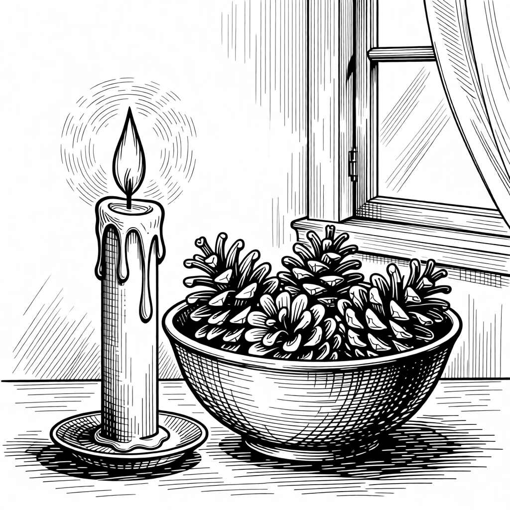 A candle burning beside a bowl of pinecones with a gentle breeze drifting through an open window, with a candle flickering steadily nearby, evoking a tenderly nostalgic sense of calm.