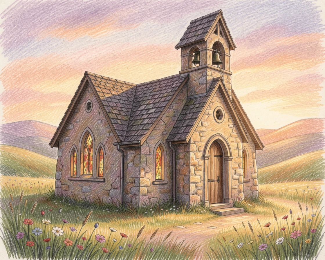 A quiet countryside chapel bell ringing at golden sunset, with delicate details that reward a closer look, full of charm, emotion, and visual delight.