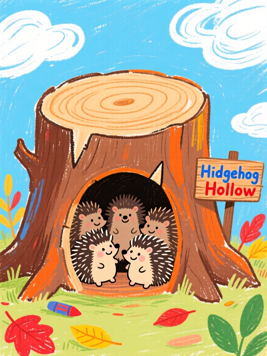 A group of hedgehogs living inside a cozy hollow tree stump.
