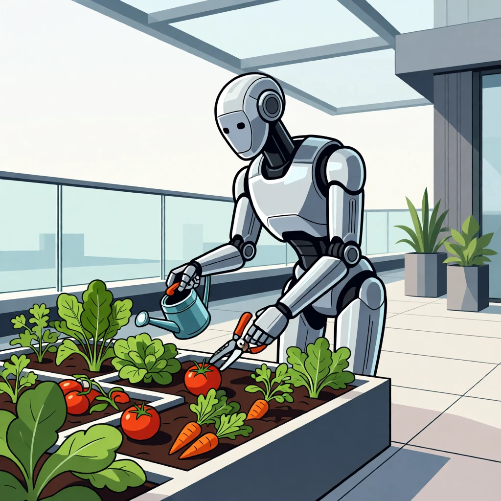 A robot gardener tending to a rooftop vegetable patch, set within a sleek, softly lit modern space, framed with a crisp, high-clarity central focus, with sleek metallic textures catching soft light.