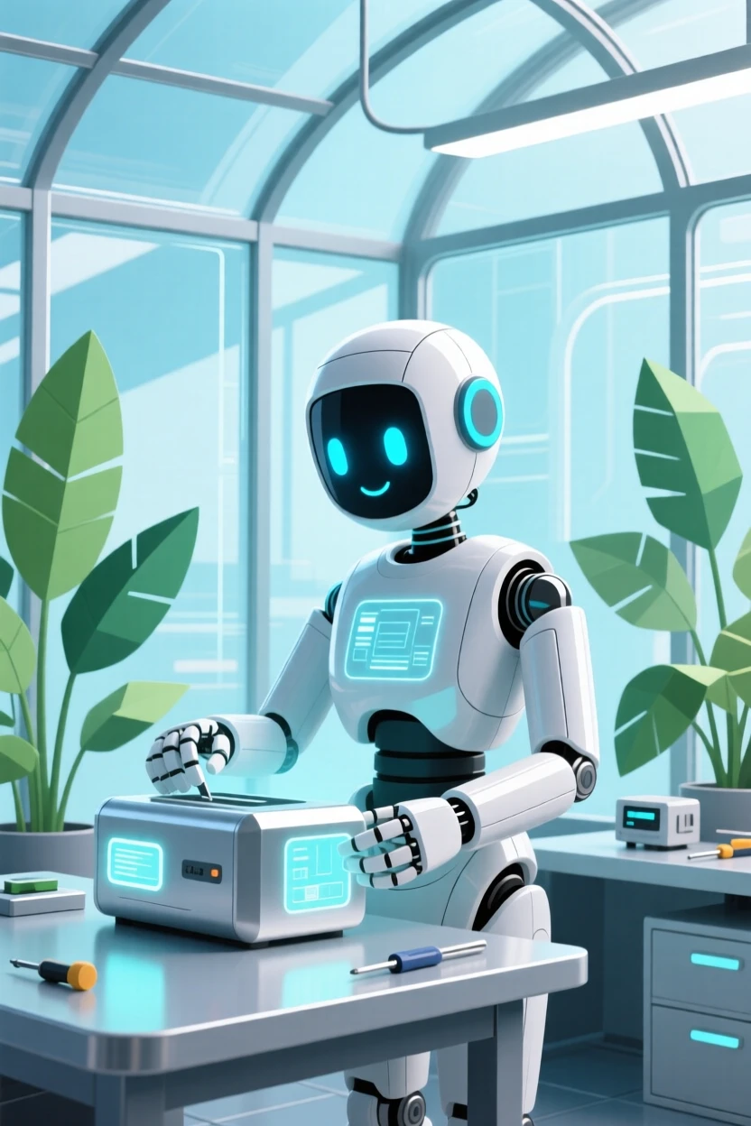 A friendly AI assistant testing new equipment in a futuristic greenhouse.