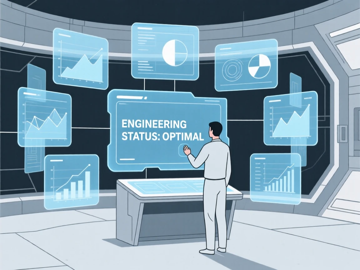 A sleek holographic display in use placed in a research space station, surrounded by transparent display panels, conveying precise engineering.