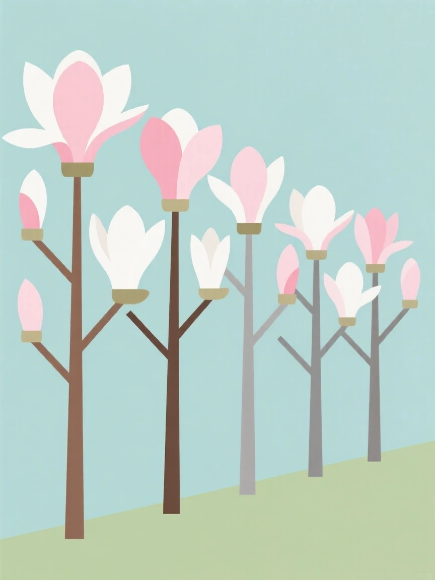 A row of blooming magnolia trees in spring