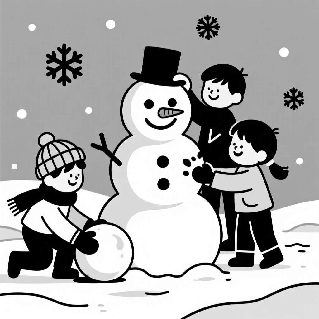 A snowman being built by cheerful children.