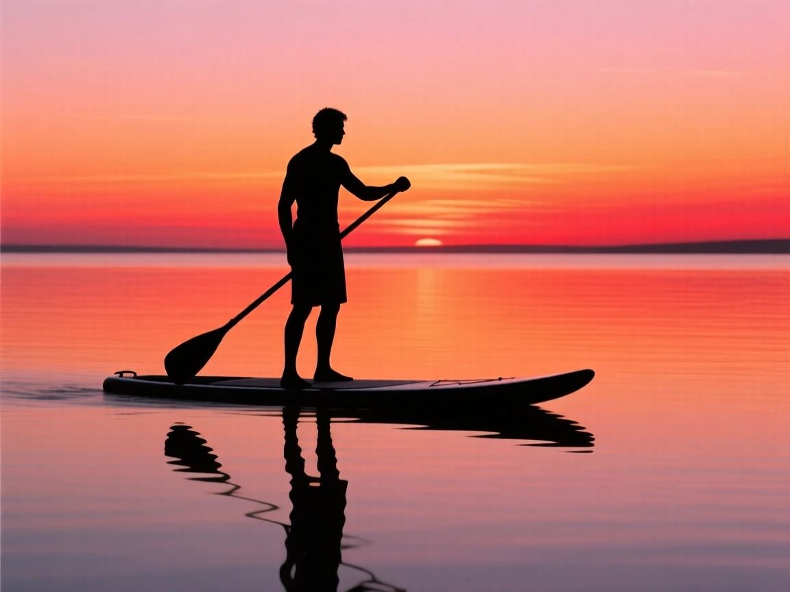 A lone paddleboarder crossing a glassy bay at sunrise.