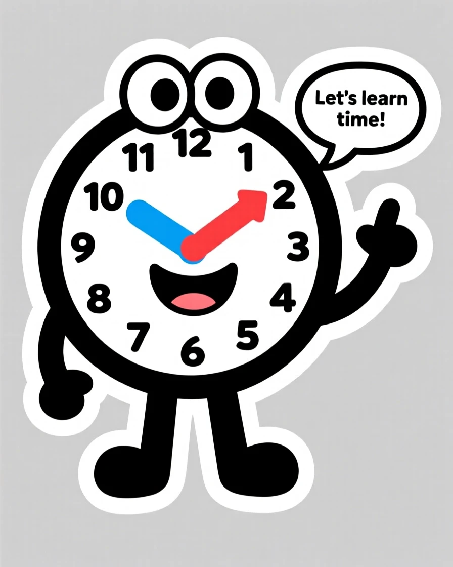 A fun and approachable friendly clock character teaching time-telling, with cheerful expressive eyes, ideal for early childhood learning.