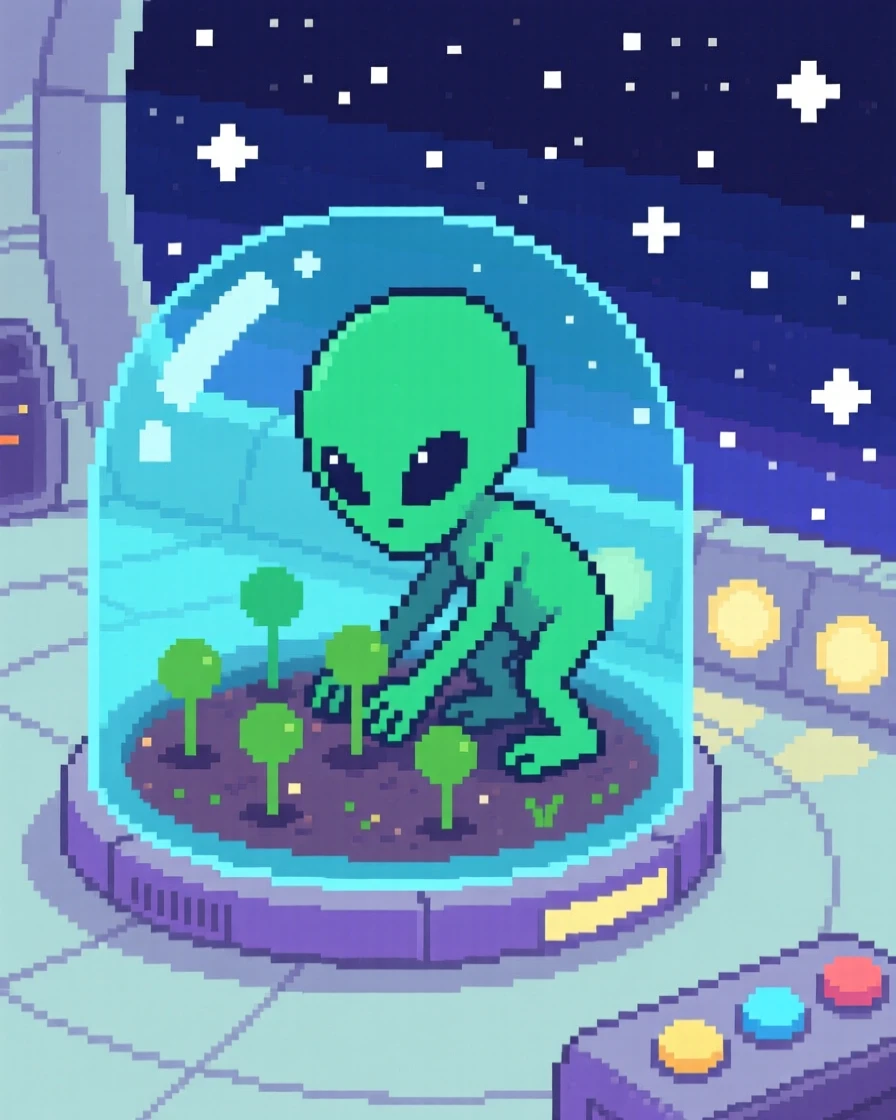 A curious alien child planting a small garden inside a glass dome, aboard a small spacecraft drifting through the stars.