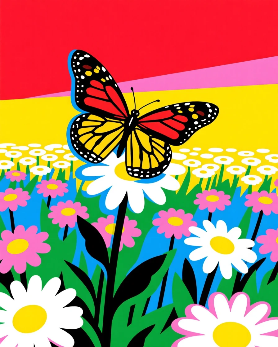 Field of daisies with a single butterfly