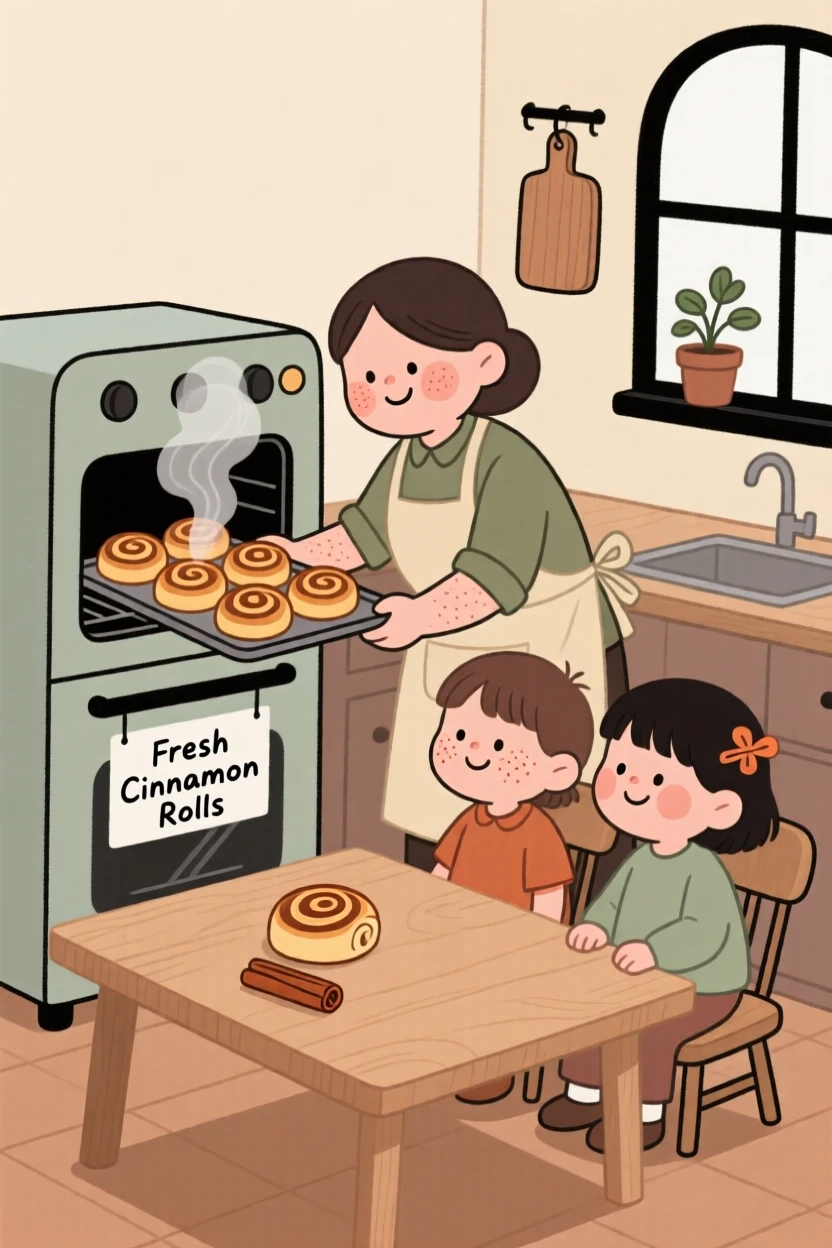 A home cook pulls a tray of cinnamon rolls from the oven in a small bakery, steam rising as children wait eagerly at the table.