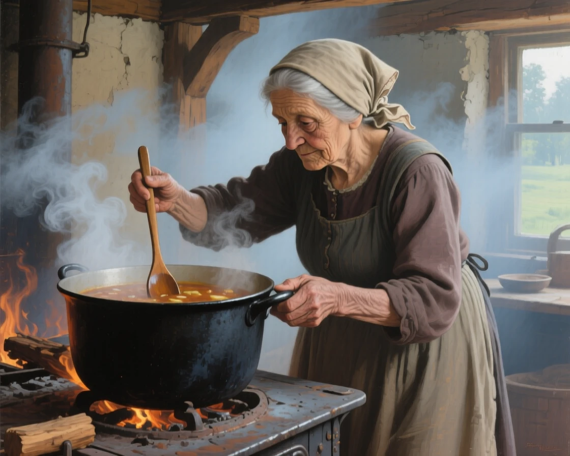 A close-up portrait of a grandmother stirring a large pot of stew on a wood-fired stove, in a light morning mist, at the start of a humid summer.