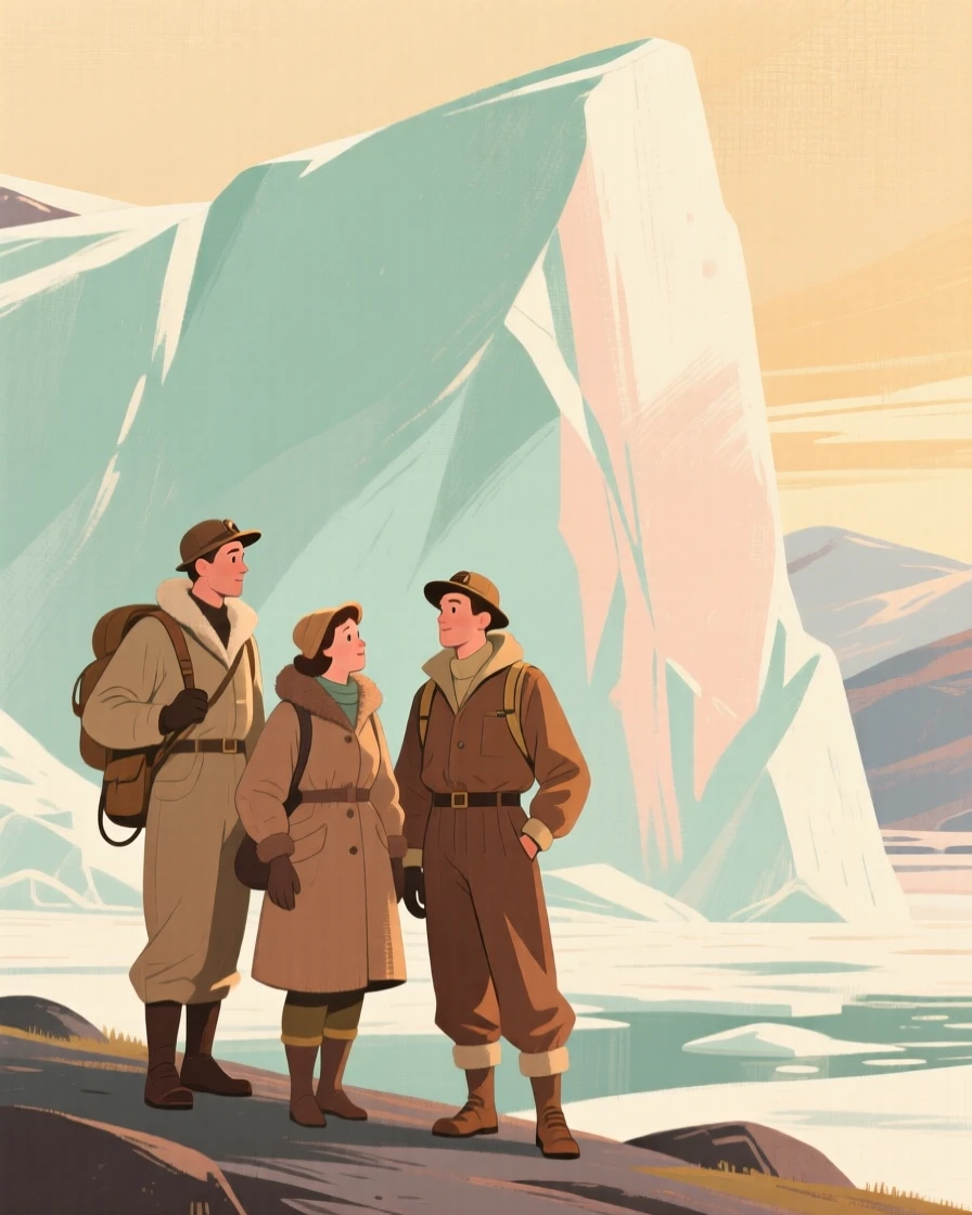 An old expedition photograph of explorers posing before a glacier