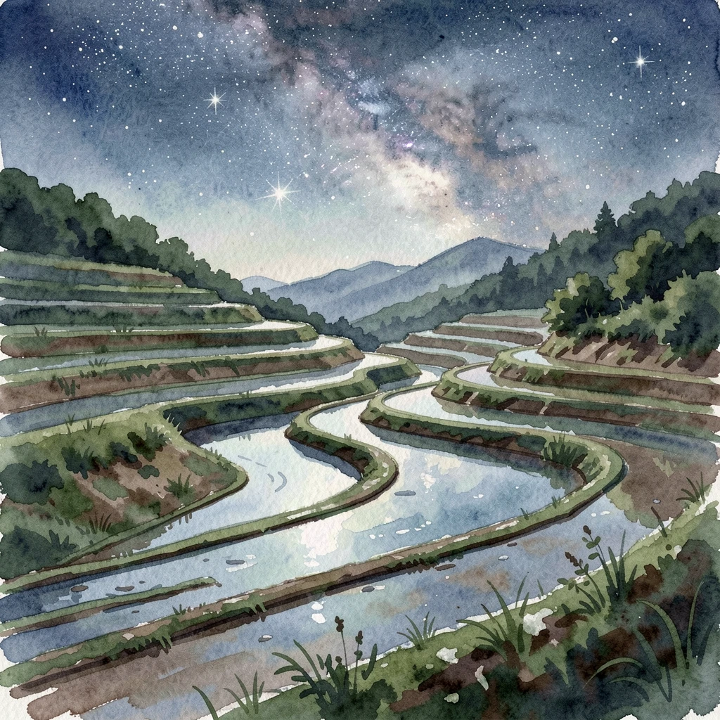 Terraced rice paddies cascading down a hillside under a starlit sky with reflections shimmering in the water below.