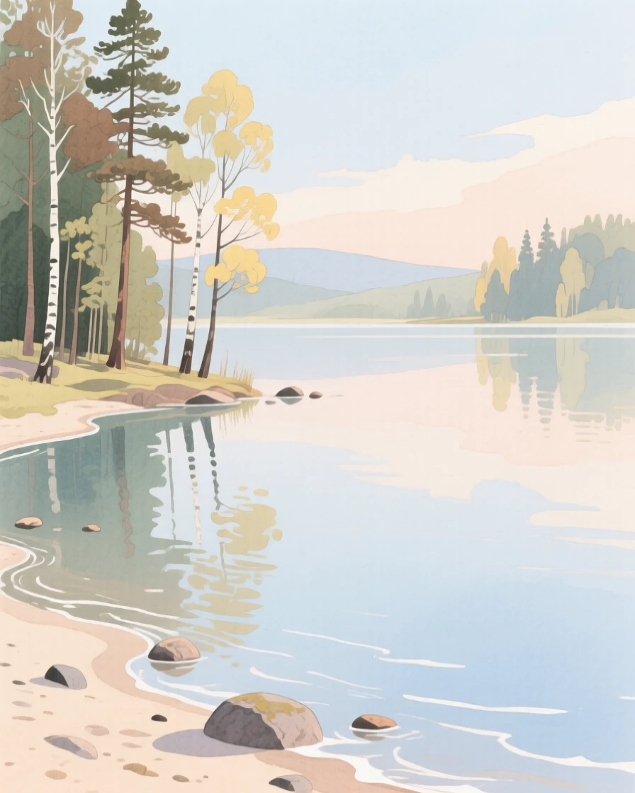 A serene view of a still forest lake, with gentle waves lapping at the shore, evoking calm and quiet reflection