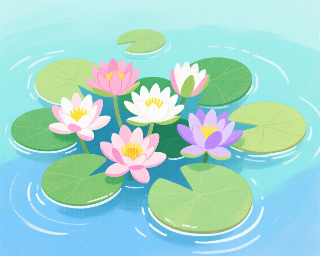 A gentle still-life scene featuring a cluster of water lilies floating on a pond.