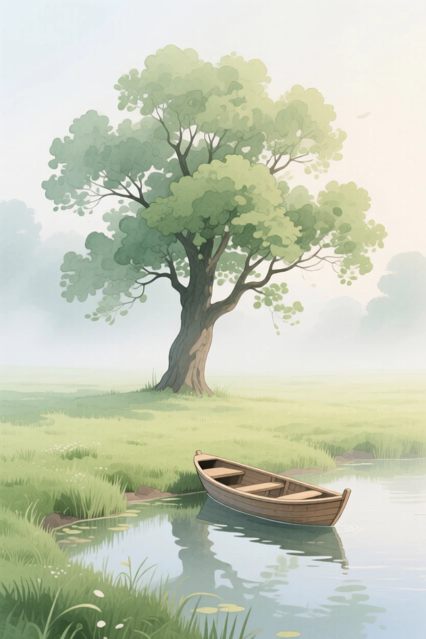 A meadow blanketed in morning fog with a lone oak tree, with a lone wooden boat resting on the shore, filled with quiet majesty and stillness.