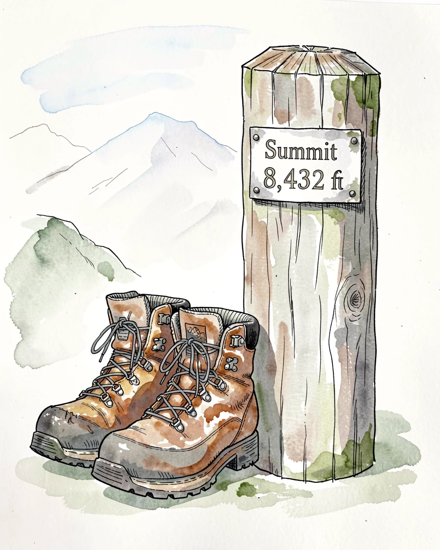 A worn pair of hiking boots resting beside a mountain summit marker, a feeling of quiet determination and resilience.