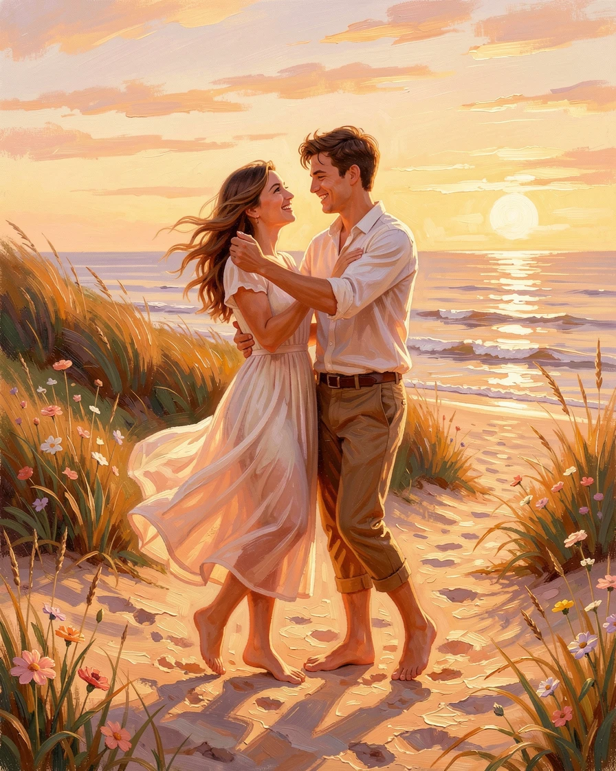 At golden hour, the light warm and glowing, a young couple dancing barefoot on a beach, along a windswept coastal path, a genuine, unguarded smile.