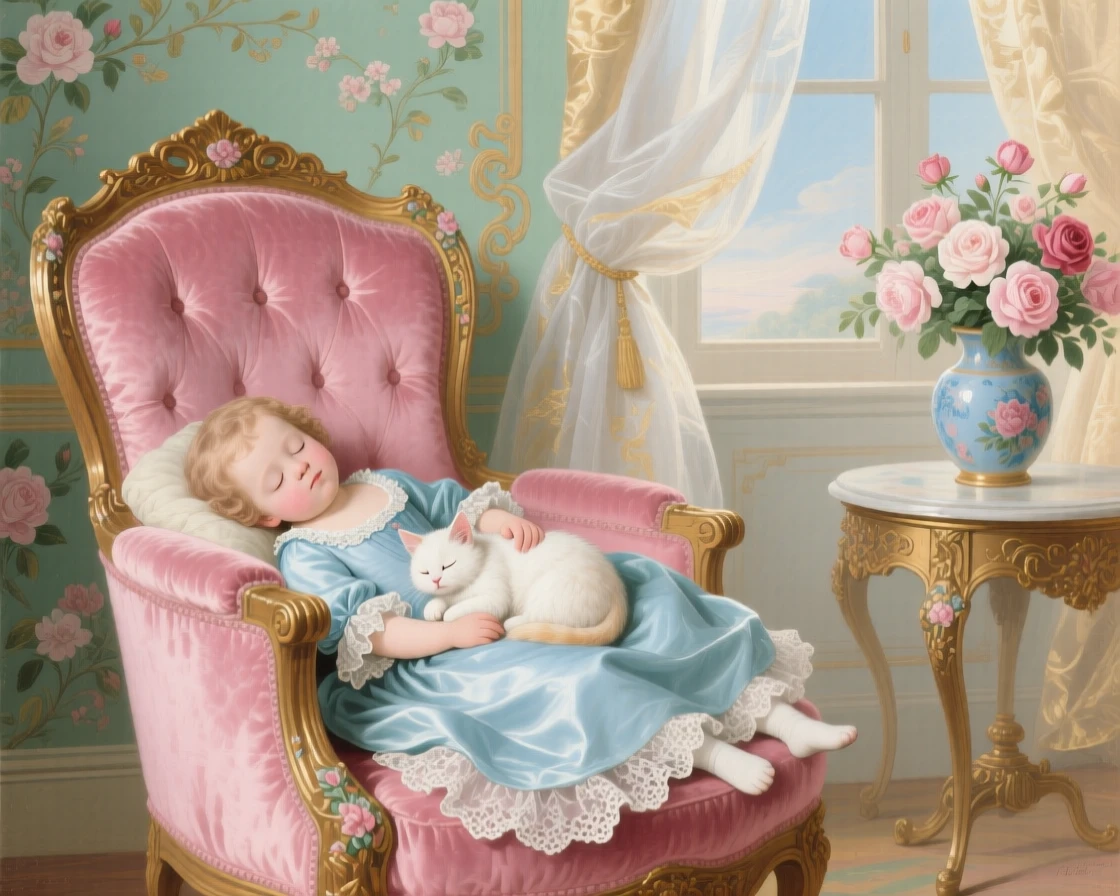 A child asleep in a velvet chair with a kitten in his lap  