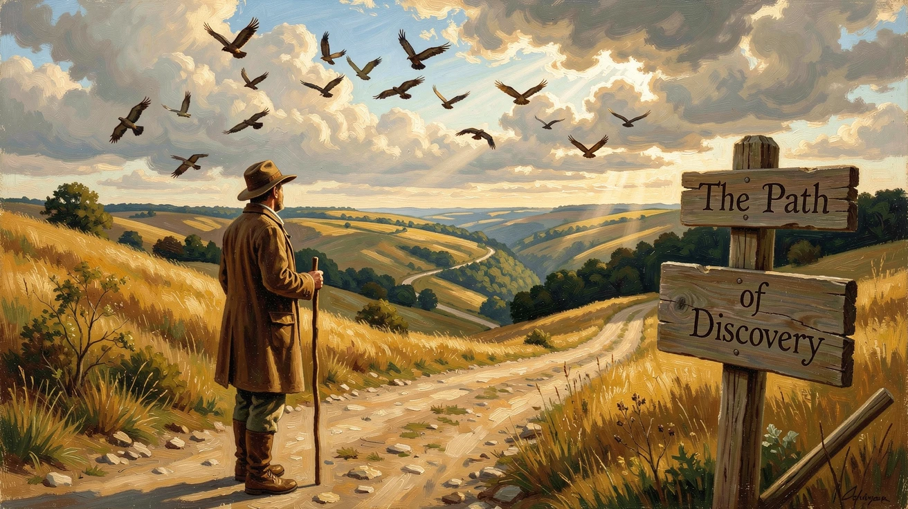 A solitary wanderer gazes across a dusty road winding through golden hills as birds wheel overhead.