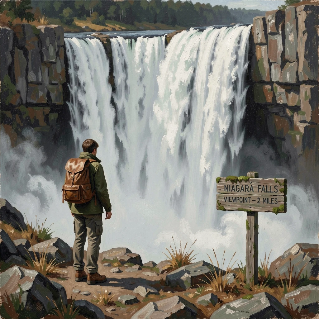 A hiker pausing to admire a massive waterfall after a long day's trek, as the vastness of the destination dwarfs the traveler in scale, capturing the excitement, freedom, and wonder of travel