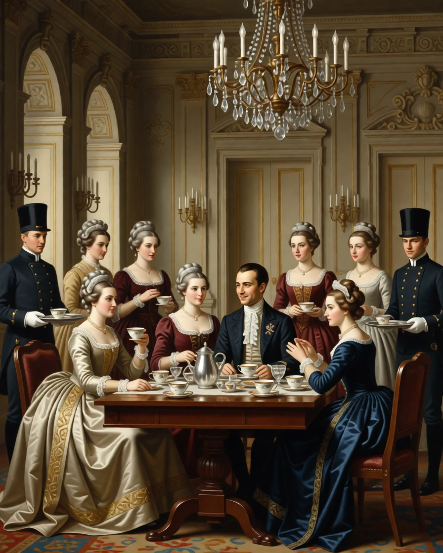 A group of aristocrats engaged in animated conversation over afternoon tea during a rare and cherished family gathering, set in an opulent dining hall set with silver and crystal, with liveried servants moving quietly among the guests; the composition arranges figures in a graceful arc around the focal couple, capturing the warmth of family bound by legacy.