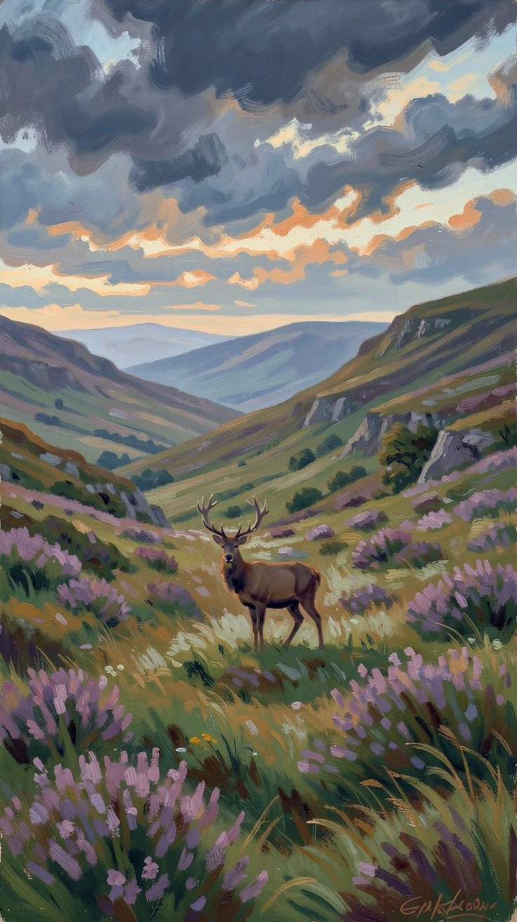 A rugged Scottish highland glen with a solitary stag silhouetted against a dramatic stormy sky, inspiring awe at the beauty of the scene.