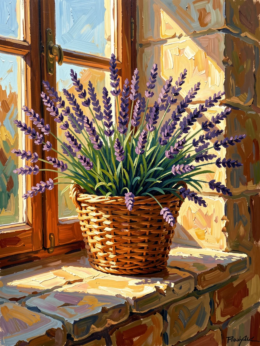 A basket of freshly cut lavender resting on a sunlit stone windowsill.