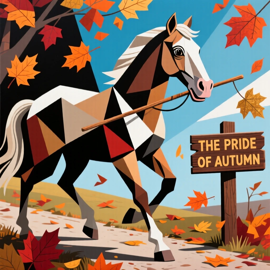 A charming portrait of a gentle old horse trotting proudly with a stick in its mouth, on a crisp autumn day.