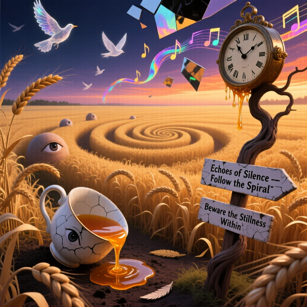 A field of wheat that ripples in slow, deliberate spirals sways gently though no wind can be felt, while distant birdsong drifts faintly through the still air.