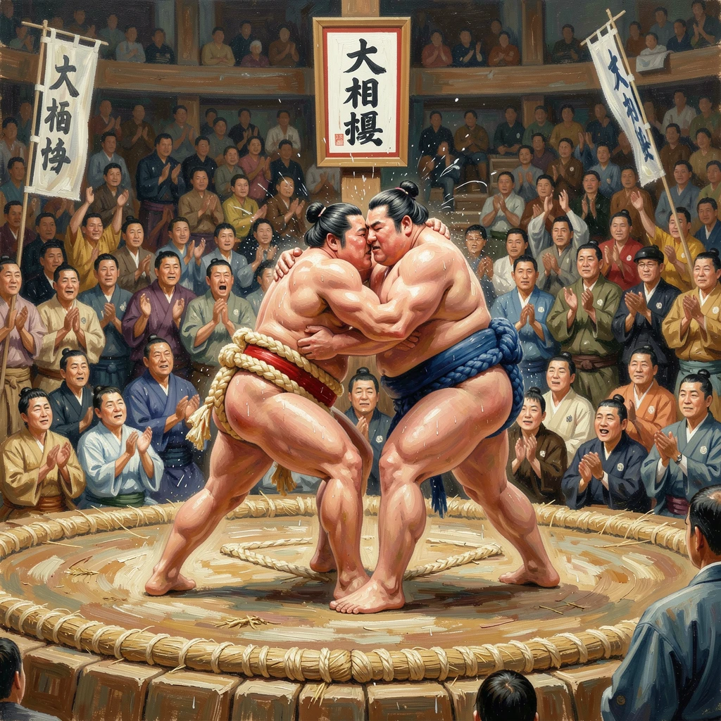 A traditional Japanese sumo match unfolds in a packed arena, two wrestlers locked in powerful struggle at the center of the ring, the scene capturing a fleeting, candid moment within a larger ongoing celebration.
