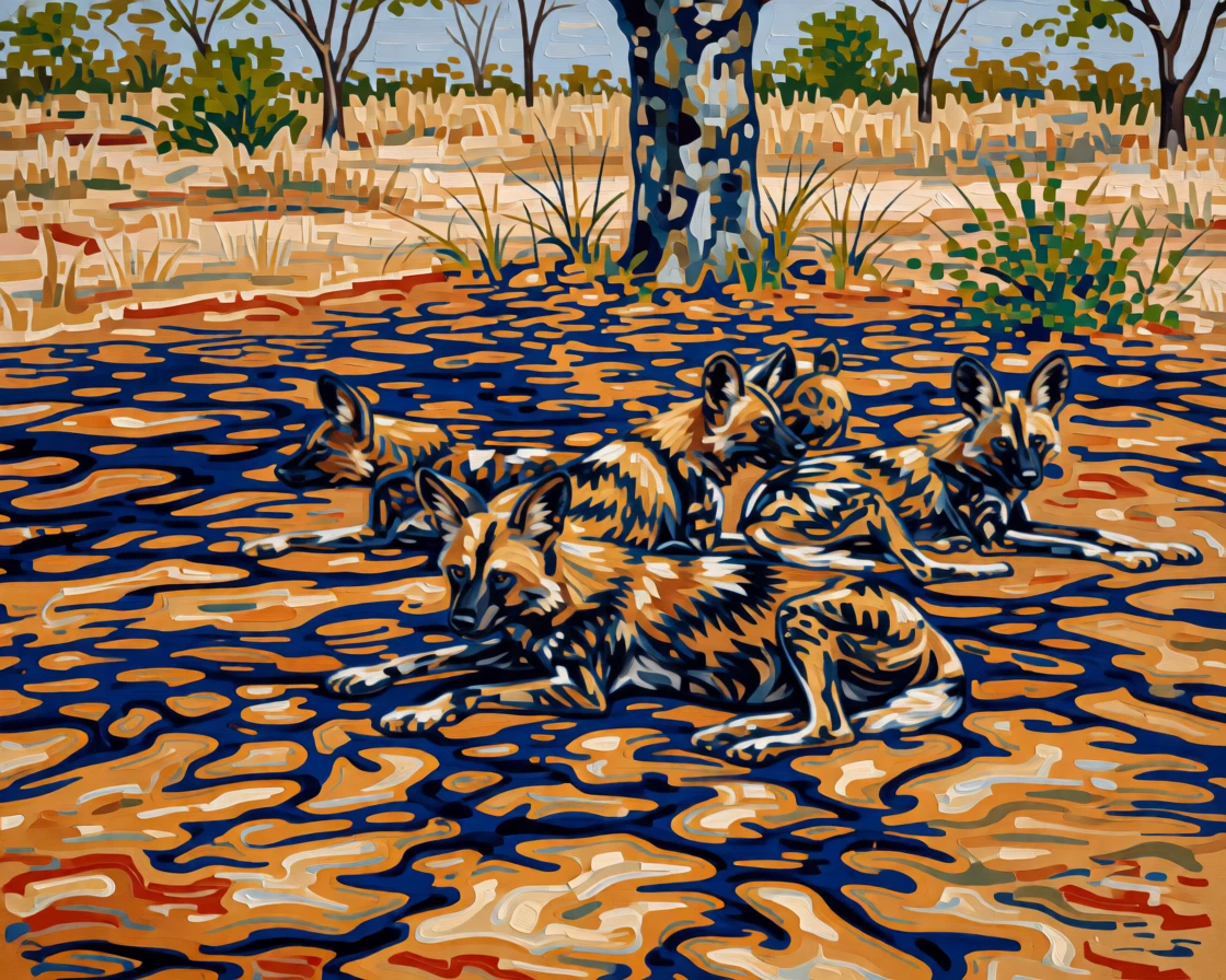 A pack of African wild dogs resting together in dappled shade during the midday heat