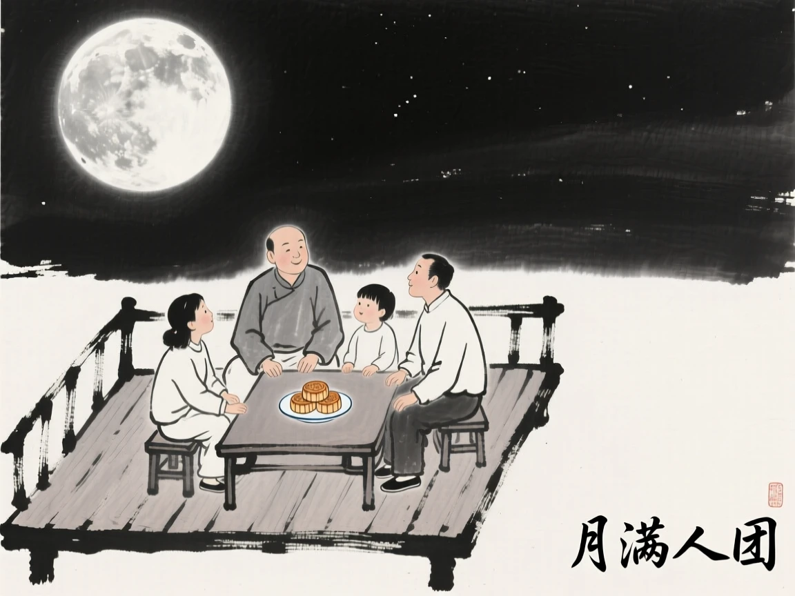 A family sits together on a terrace, sharing mooncakes beneath a full moon, as the moon casts a silver glow over the gathering.