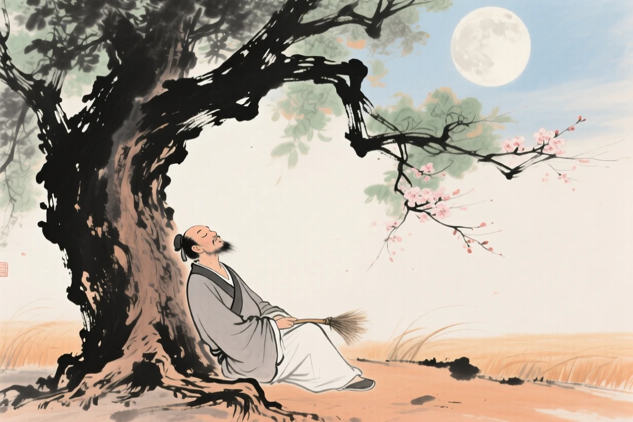 A farmer resting under a shade tree after a morning in the fields, in a warm breeze carrying the scent of blossoms, suffused with quiet joy, under a full moon.