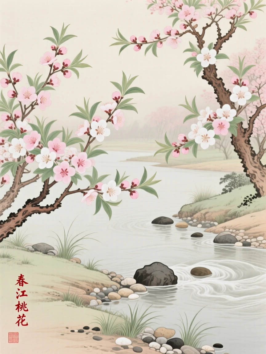 Peach blossoms blooming along a riverbank in early spring