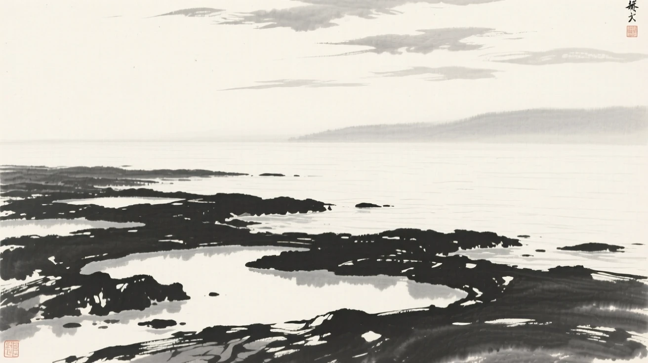 A tide pool coastline exposed at low water under a wide open sky scattered with drifting clouds, seen from across the water, the far shore reduced to soft silhouette, carrying a feeling of timeless peace and stillness.