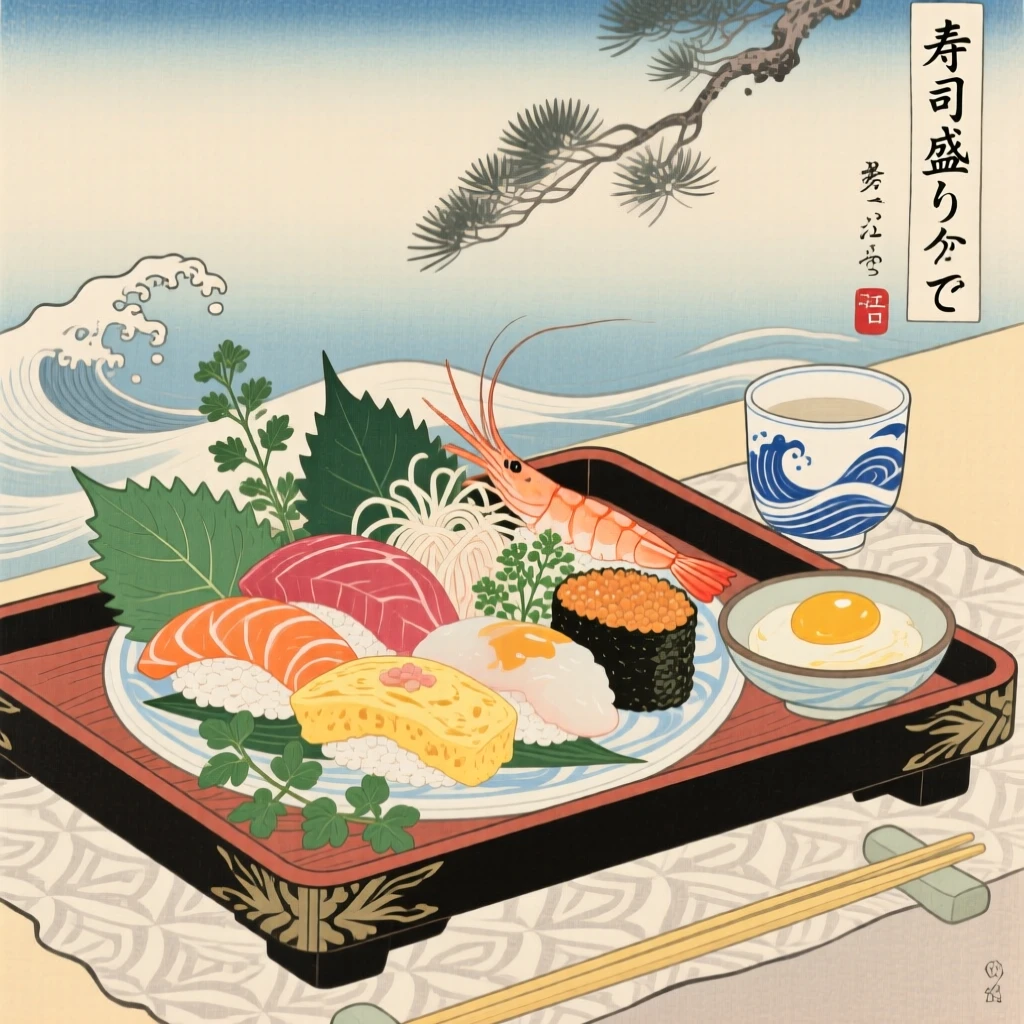 An elaborate sushi platter garnished with fresh herbs and a soft egg.