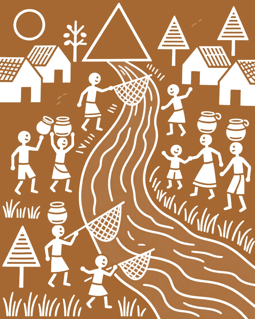 A composition centered on a river confluence point gathered around by the entire village community.