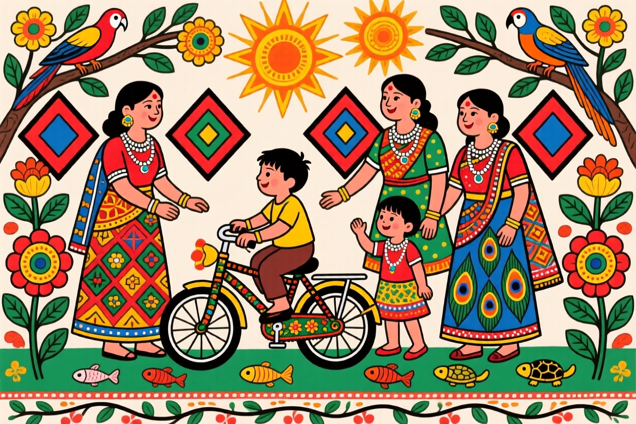 A child's first bicycle ride cheered on by a proud family.