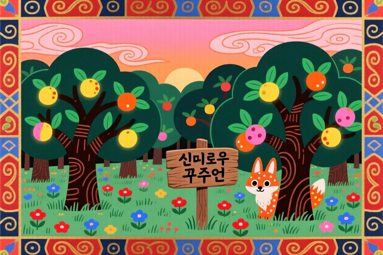 A magical orchard where fruit glows gently in the evening light.
