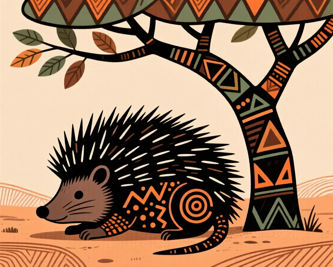 A porcupine resting beneath an acacia tree.