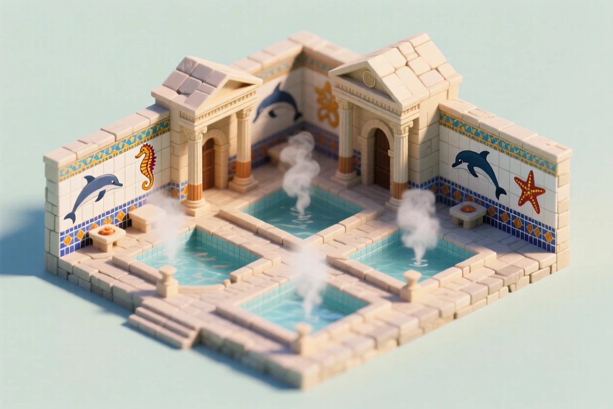 An ancient Roman bathhouse with steam rising from heated pools, mosaic tiles depicting sea creatures on every wall.