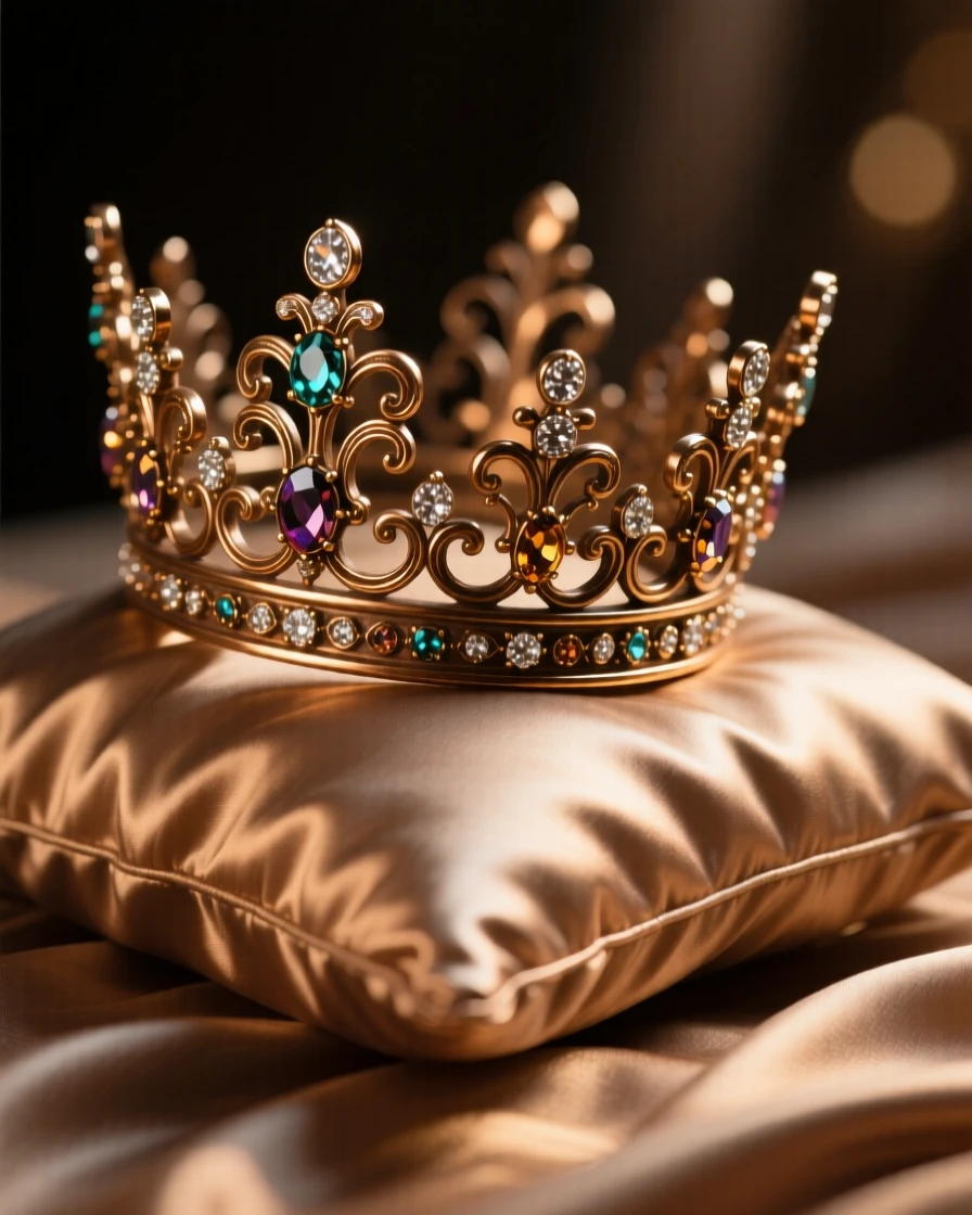 A jeweled tiara resting on a satin pillow, catching the light with rich, warm reflections, radiating elegance and refinement