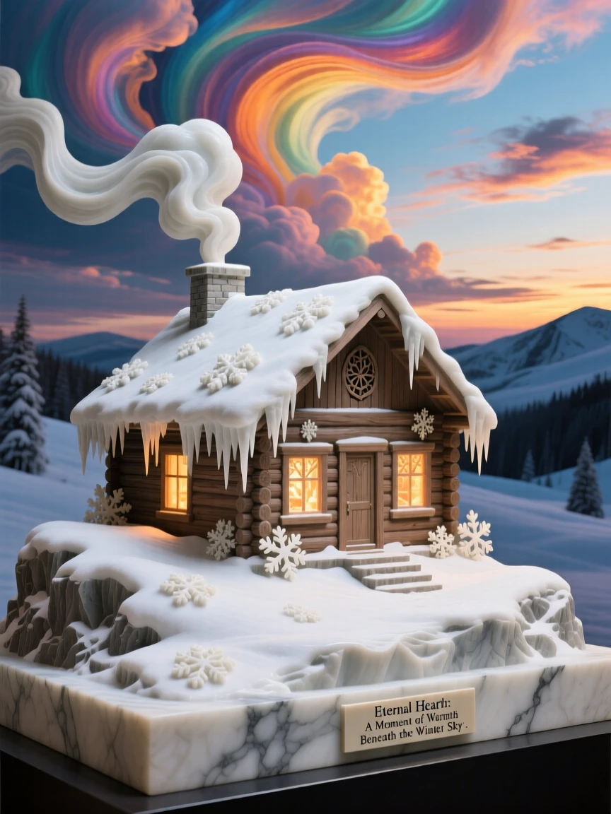 A vivid, emotionally rich scene of a snow-covered cabin glowing with warm light, under a brilliant, colorful sky, designed to captivate and inspire
