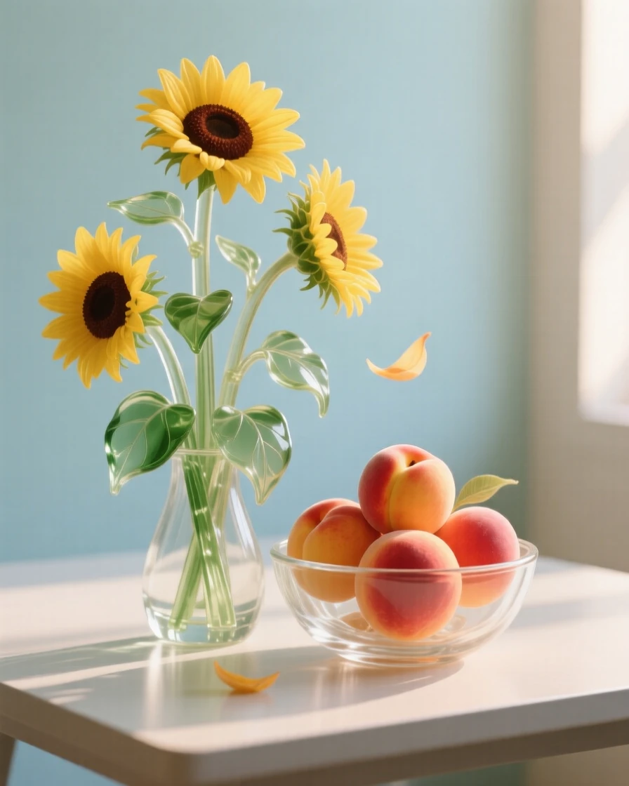 A bunch of sunflowers standing beside a bowl of ripe peaches as morning light streams across the table, while a warm breeze drifts through a nearby open window