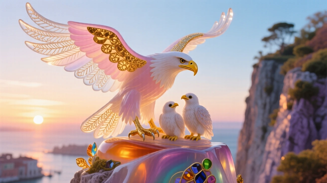 A mother eagle and eaglets nesting atop a sunlit cliffside at the very first light, tender and majestic.