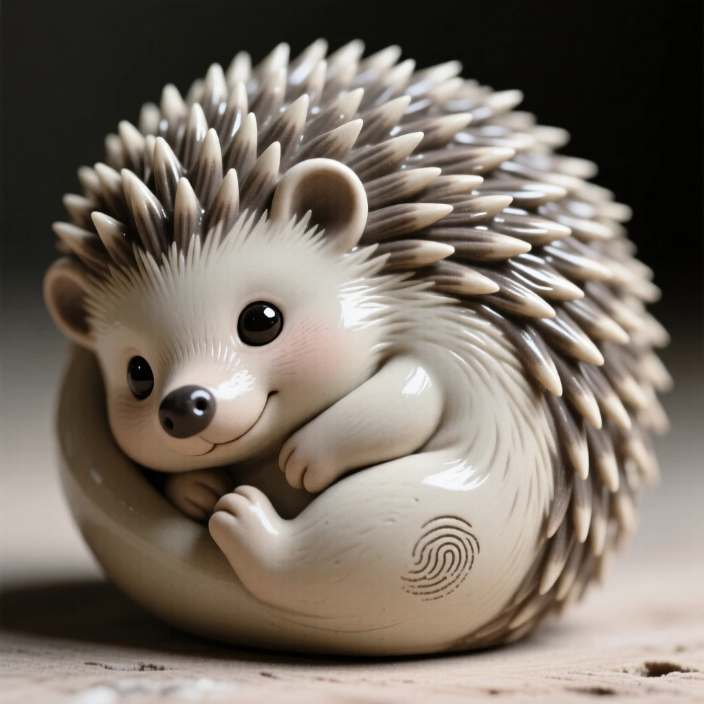 A plump baby hedgehog rolled into a tiny ball curled up in a picture of sleepy contentment, with big round eyes full of innocent wonder, evoking pure, heartwarming sweetness.