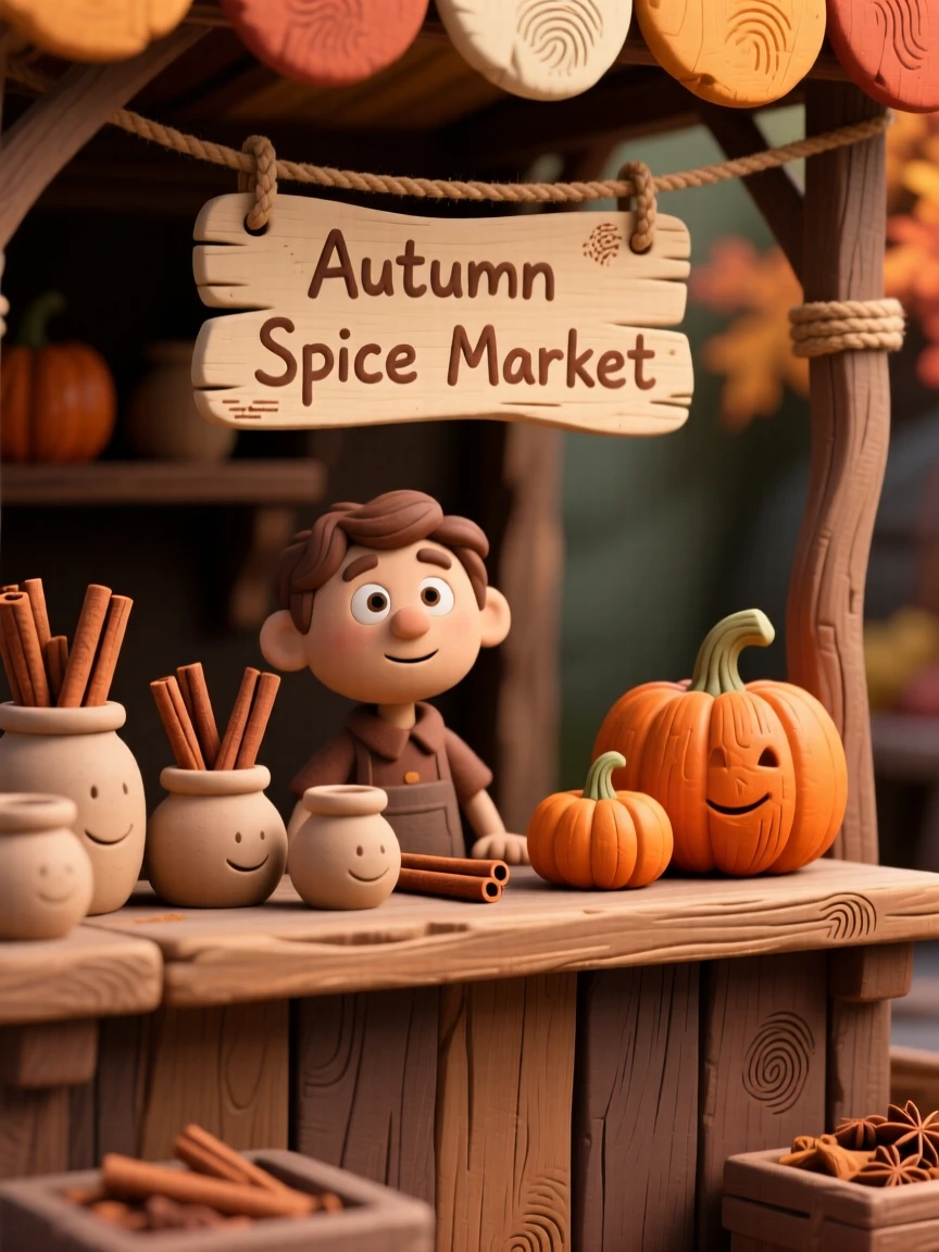 An autumn spice market stall filled with cinnamon and pumpkin