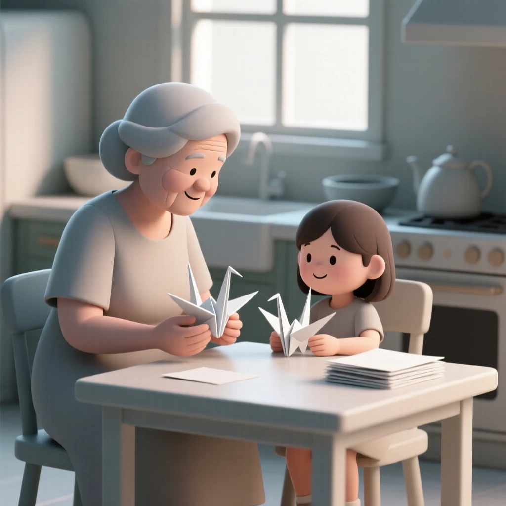A gentle grandmother teaches her granddaughter to fold delicate paper cranes at a sunlit kitchen table.