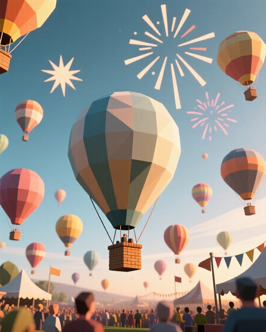A hot air balloon festival filling a morning sky, beneath a sky full of fireworks. the composition centers on the main celebratory focal point. The scene feels warm and celebratory.